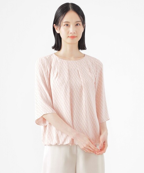 TRANS WORK(トランスワーク)の「【ウォッシャブル】ラインキューブプリントコンビブラウス(シャツ/ブラウス・レディース・ホワイト系その他/ピンク系その他2/ネイビー・38/40)」の1枚目の写真