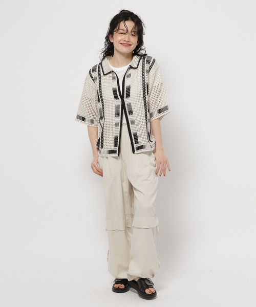 niko and...（ニコアンド）の「クラフトメッシュラインカーディガン（カーディガン/ボレロ・レディース・ホワイト/レッド/チャコール・FREE）」の4枚目の写真