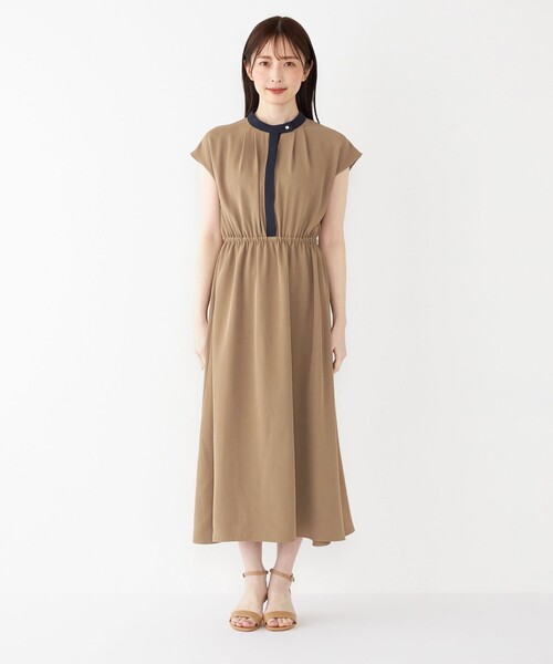 SHIPS Colorsフレンチスリーブ ワンピース ライトブルー SHIPS Colors:〈手洗い可能〉配色 ギャザー フレンチスリーブ