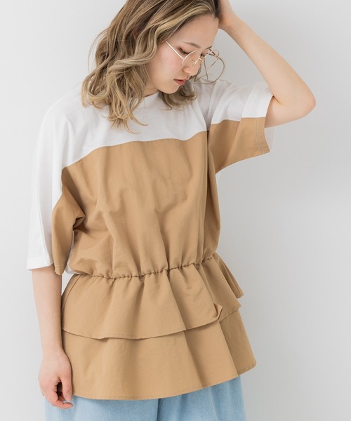新品❣️エクラタン異素材チュニック 送料無料/再入荷】 ゆったりロングチュニック 洗える 五分袖