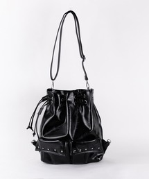 【 2WAY 】フェイクレザースタッズポケット巾着ショルダーバッグ / ( 2WAY ) fake leather studs pocket drawstring shoulder bag