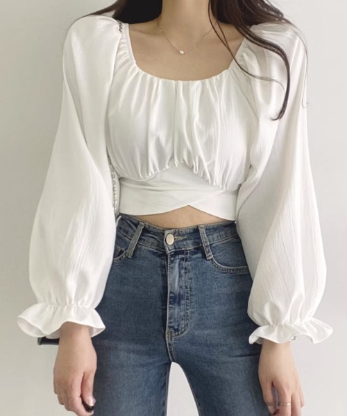 shoppinggo(ショッピングゴー)の「ブラウス バックリボン スクエアネック 長袖(シャツ/ブラウス・レディース・ホワイト/グリーン/ピンク/ブルー/ブラック・M)」の11枚目の写真