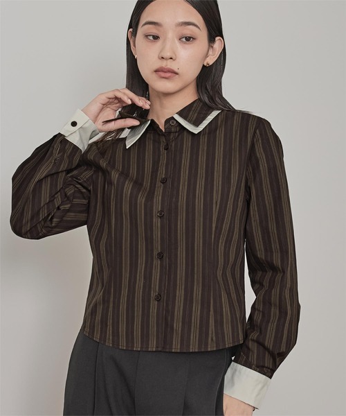 miette(ミエット)の「ダブルカラーストライプシャツ(シャツ/ブラウス・レディース・ブラウン/ライトベージュ/ブラック・M/S)」の1枚目の写真