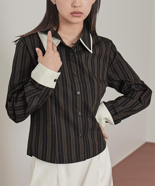 miette(ミエット)の「ダブルカラーストライプシャツ(シャツ/ブラウス・レディース・ブラウン/ライトベージュ/ブラック・M/S)」の2枚目の写真
