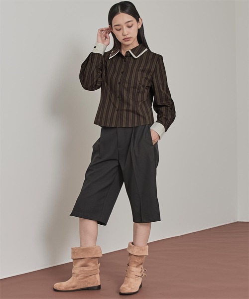 miette(ミエット)の「ダブルカラーストライプシャツ(シャツ/ブラウス・レディース・ブラウン/ライトベージュ/ブラック・M/S)」の10枚目の写真