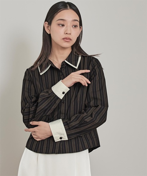 miette(ミエット)の「ダブルカラーストライプシャツ(シャツ/ブラウス・レディース・ブラウン/ライトベージュ/ブラック・M/S)」の4枚目の写真