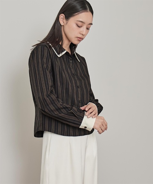 miette(ミエット)の「ダブルカラーストライプシャツ(シャツ/ブラウス・レディース・ブラウン/ライトベージュ/ブラック・M/S)」の5枚目の写真