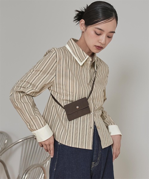 miette(ミエット)の「ダブルカラーストライプシャツ(シャツ/ブラウス・レディース・ブラウン/ライトベージュ/ブラック・M/S)」の19枚目の写真