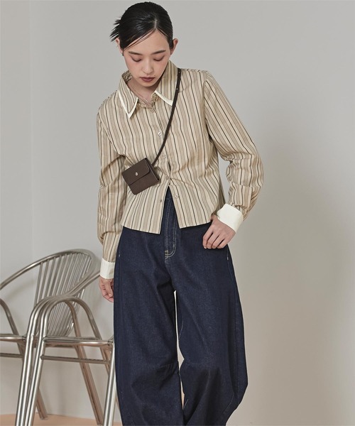 miette(ミエット)の「ダブルカラーストライプシャツ(シャツ/ブラウス・レディース・ブラウン/ライトベージュ/ブラック・M/S)」の20枚目の写真