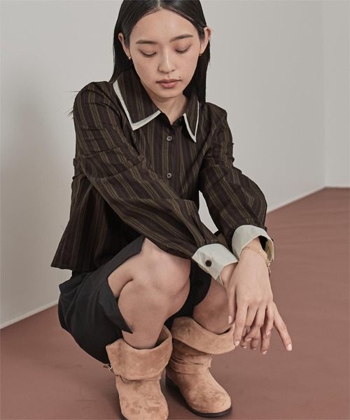 miette(ミエット)の「ダブルカラーストライプシャツ(シャツ/ブラウス・レディース・ブラウン/ライトベージュ/ブラック・M/S)」の11枚目の写真