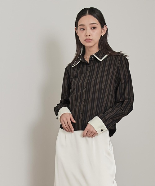 miette(ミエット)の「ダブルカラーストライプシャツ(シャツ/ブラウス・レディース・ブラウン/ライトベージュ/ブラック・M/S)」の8枚目の写真