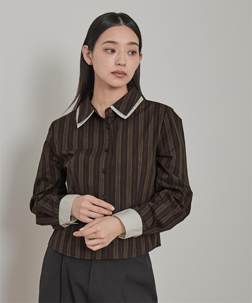 miette(ミエット)の「ダブルカラーストライプシャツ(シャツ/ブラウス・レディース・ブラウン/ライトベージュ/ブラック・M/S)」の14枚目の写真
