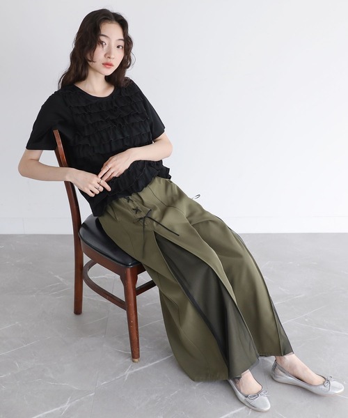 somari imagination（ソマリ イマジネーション）の「『チュール切替レースアップワイドパンツ』（その他パンツ・レディース・ブラック/カーキ・2/1）」の8枚目の写真