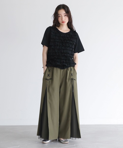 somari imagination（ソマリ イマジネーション）の「『チュール切替レースアップワイドパンツ』（その他パンツ・レディース・ブラック/カーキ・2/1）」の9枚目の写真