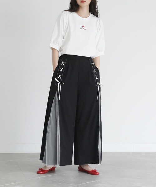 somari imagination（ソマリ イマジネーション）の「『チュール切替レースアップワイドパンツ』（その他パンツ・レディース・ブラック/カーキ・2/1）」の18枚目の写真