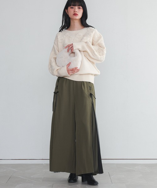 somari imagination（ソマリ イマジネーション）の「『チュール切替レースアップワイドパンツ』（その他パンツ・レディース・ブラック/カーキ・2/1）」の3枚目の写真