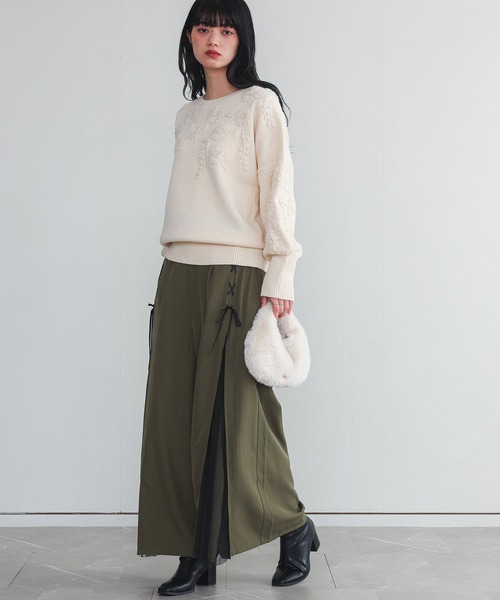 somari imagination（ソマリ イマジネーション）の「『チュール切替レースアップワイドパンツ』（その他パンツ・レディース・ブラック/カーキ・2/1）」の4枚目の写真