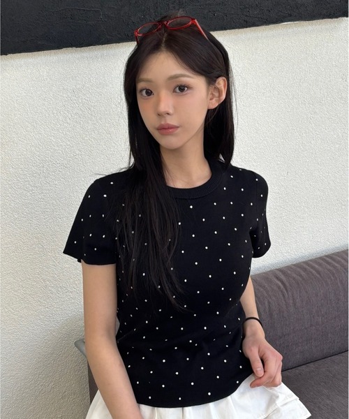 Vini（ヴィニ）の「【Vini】ドット ニットTシャツ（Tシャツ/カットソー・レディース・ブラック/ホワイト・FREE）」の2枚目の写真