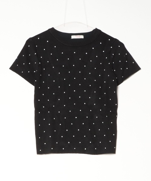Vini（ヴィニ）の「【Vini】ドット ニットTシャツ（Tシャツ/カットソー・レディース・ブラック/ホワイト・FREE）」の4枚目の写真