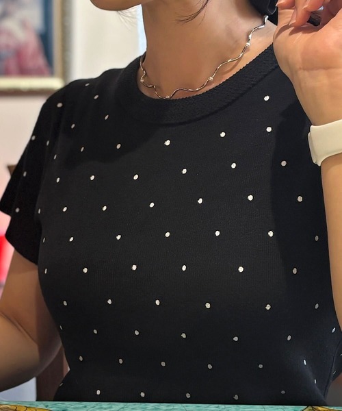 Vini（ヴィニ）の「【Vini】ドット ニットTシャツ（Tシャツ/カットソー・レディース・ブラック/ホワイト・FREE）」の5枚目の写真