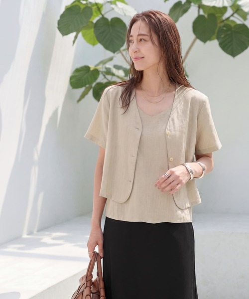 STYLE DELI(スタイルデリ)の「麻調綿混素材の羽織りキャミセット(アンサンブル・レディース・ライトベージュ/カーキブラウン・FREE)」の1枚目の写真