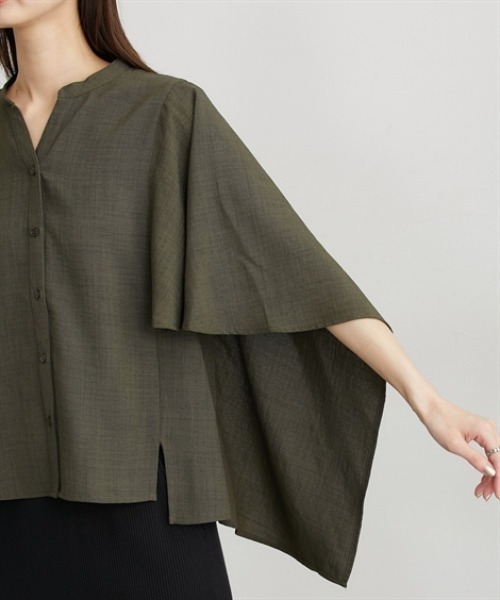 nissen(ニッセン)の「麻調合繊スキッパーケープブラウス(シャツ/ブラウス・レディース・カーキ/ネイビー・M/L/LL)」の7枚目の写真