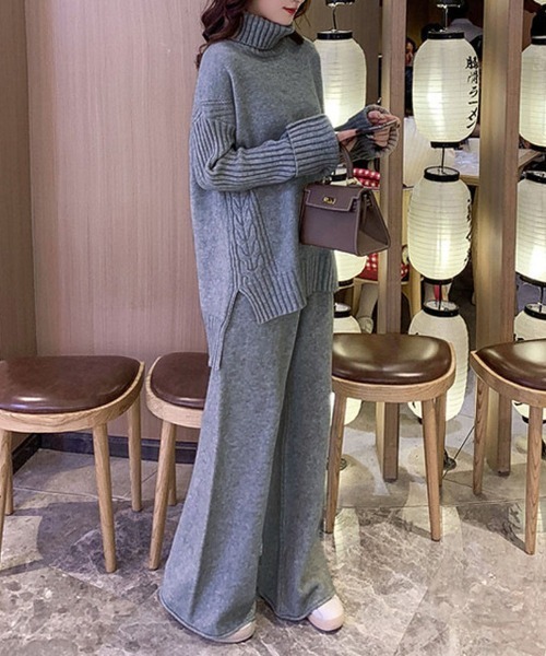 セール】ニットセットアップ 2点セット 低身長ニットパンツ レディース