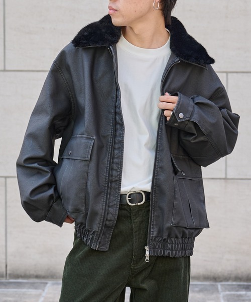 リヴドロワ 【コーデの外しに◎】ヴィンテージレザーライクジャケット