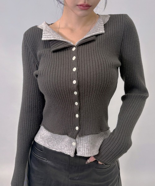 FOLLOWIN(フォロウィン)の「3color/レイヤード風配色リブカーディガン(カーディガン/ボレロ・レディース・ブラック/アイボリー/グレー・FREE)」の3枚目の写真