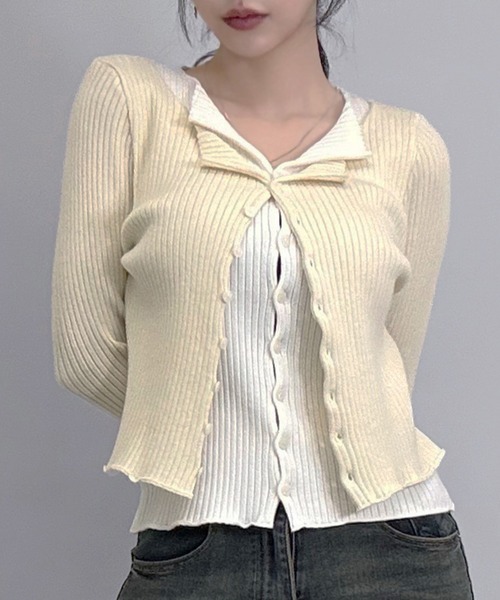 FOLLOWIN(フォロウィン)の「3color/レイヤード風配色リブカーディガン(カーディガン/ボレロ・レディース・ブラック/アイボリー/グレー・FREE)」の1枚目の写真