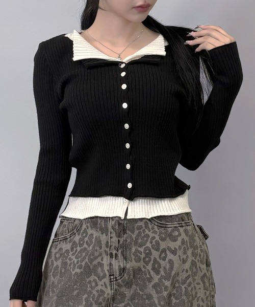 FOLLOWIN(フォロウィン)の「3color/レイヤード風配色リブカーディガン(カーディガン/ボレロ・レディース・ブラック/アイボリー/グレー・FREE)」の2枚目の写真