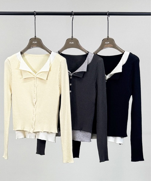 FOLLOWIN(フォロウィン)の「3color/レイヤード風配色リブカーディガン(カーディガン/ボレロ・レディース・ブラック/アイボリー/グレー・FREE)」の4枚目の写真