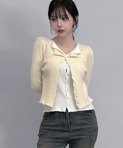 FOLLOWIN(フォロウィン)の「3color/レイヤード風配色リブカーディガン(カーディガン/ボレロ・レディース・ブラック/アイボリー/グレー・FREE)」の14枚目の写真