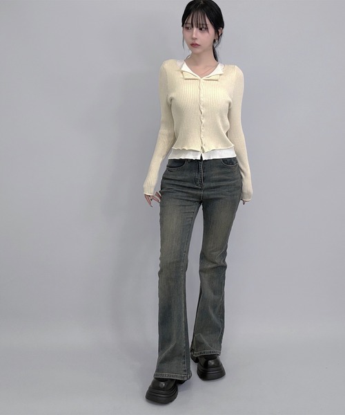 FOLLOWIN(フォロウィン)の「3color/レイヤード風配色リブカーディガン(カーディガン/ボレロ・レディース・ブラック/アイボリー/グレー・FREE)」の11枚目の写真