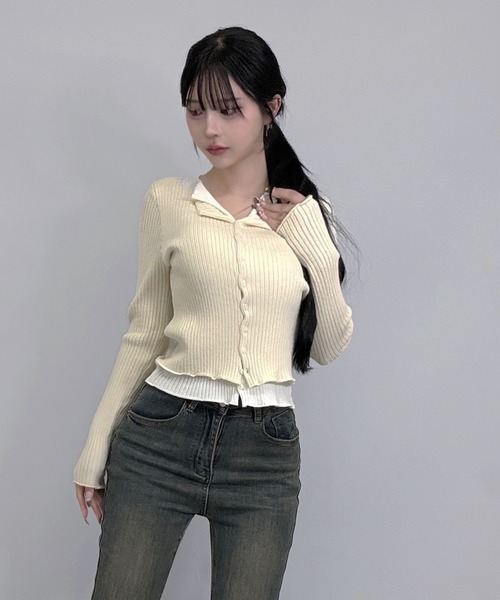 FOLLOWIN(フォロウィン)の「3color/レイヤード風配色リブカーディガン(カーディガン/ボレロ・レディース・ブラック/アイボリー/グレー・FREE)」の12枚目の写真