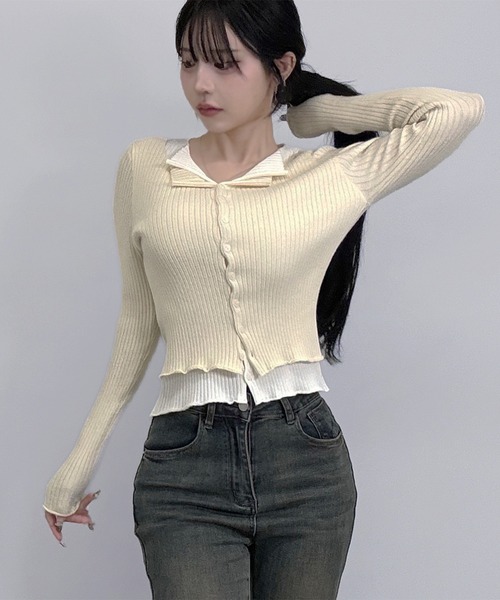 FOLLOWIN(フォロウィン)の「3color/レイヤード風配色リブカーディガン(カーディガン/ボレロ・レディース・ブラック/アイボリー/グレー・FREE)」の13枚目の写真