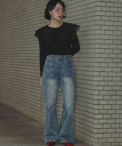 Ampirula(アンピルーラ)の「シアーフリルカラー ニット トップス リブニット 長袖 ビッグカラー(ニット/セーター・レディース・ホワイト/ブラック・FREE)」の3枚目の写真
