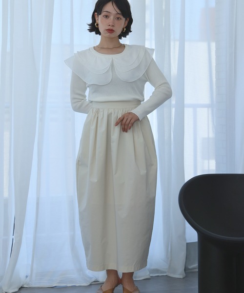 Ampirula(アンピルーラ)の「シアーフリルカラー ニット トップス リブニット 長袖 ビッグカラー(ニット/セーター・レディース・ホワイト/ブラック・FREE)」の7枚目の写真