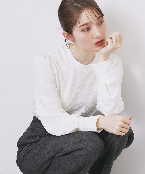 セール】フラワージャカードパフスリーブトップス【洗濯機OK】（T