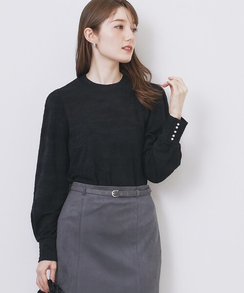 セール】フラワージャカードパフスリーブトップス【洗濯機OK】（T