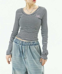 A'GEM/9 × .kom 『MUCENT/ムーセント』 EMMA V-NECK STRIPE LONG SLEEVE T/Vネックボーダー長袖カットソー
