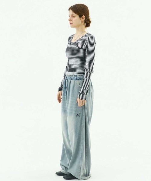 MUCENT（ムセント）の「A'GEM/9 × .kom 『MUCENT/ムーセント』 EMMA V-NECK STRIPE LONG SLEEVE T/Vネックボーダー長袖カットソー（Tシャツ/カットソー・レディース・チャコールグレー/ホワイト×ブラック・FREE）」の7枚目の写真