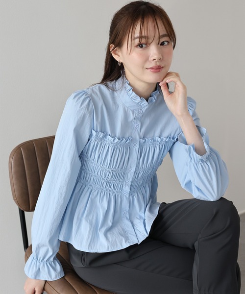 セール】フリルネックシャーリングブラウス（シャツ/ブラウス