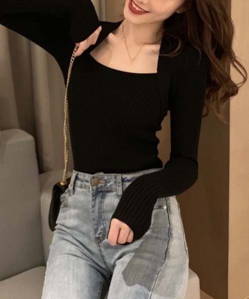 Beststore(ベストストア)の「レイヤード風ニット 長袖 薄手(ニット/セーター・レディース・グレー/ブルー/ブラック/ベージュ/ホワイト/ブラウン/キャメル・FREE)」の8枚目の写真