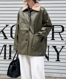 ISOOK（アイスー）の「ボアカラーレザージャケット(chiica select) / ライダースジャケット 2way 襟取り外し オーバーサイズ ビックシルエット ルーズ シームデザイン ブラック カーキ 黒（ライダースジャケット）」