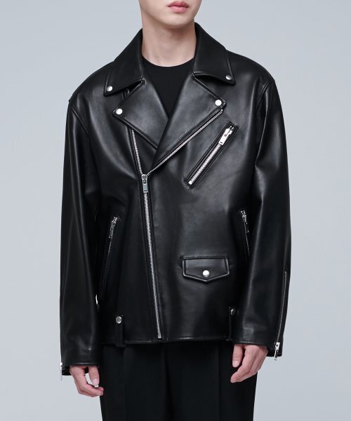 ラムスキンオーバーサイズライダージャケット[ブラック]（ライダース