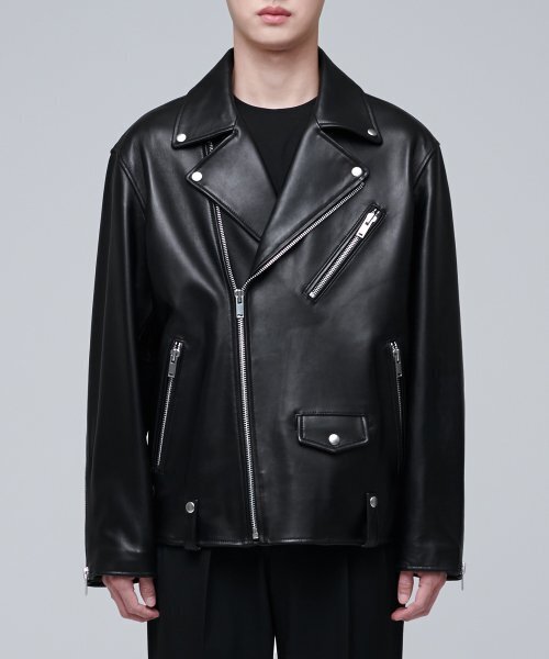 ラムスキンオーバーサイズライダージャケット[ブラック]（ライダース