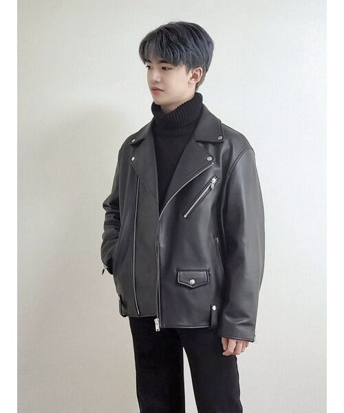 ラムスキンオーバーサイズライダージャケット[ブラック]（ライダース