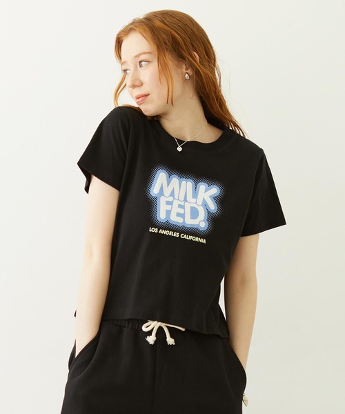 MILKFED.(ミルクフェド)の「GLITTER HALFTONE LOGO COMPACT S/S TEE(Tシャツ/カットソー・レディース・ライトピンク/ブラック/ホワイト・M/S)」の1枚目の写真