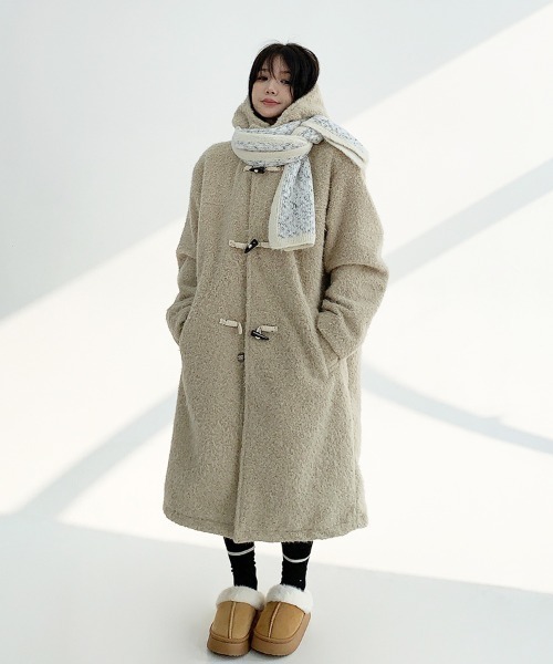 韓国ファッション ロング丈ボアダッフルコート（ダッフルコート